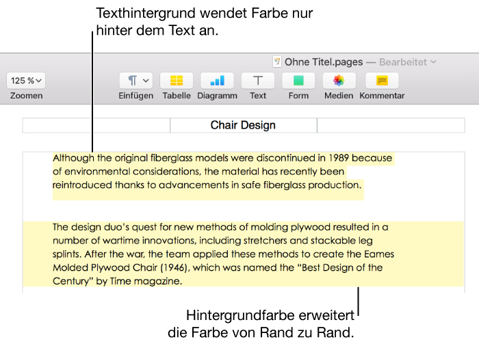 Ein Absatz, bei dem nur der Text farblich hervorgehoben ist, und ein zweiter Absatz, bei dem die farbliche Hervorhebung in einem Block von Rand zu Rand reicht.