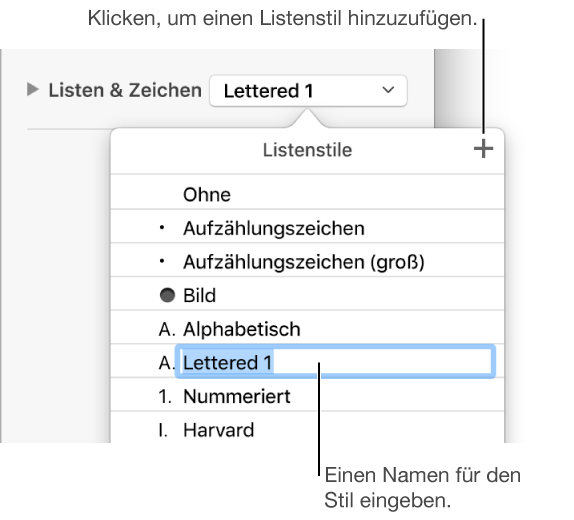 Das Menü „Listenstile“ mit einer Taste „Hinzufügen“ oben in der Ecke und einem Platzhalter für einen Stilnamen im Menü für Listenstile