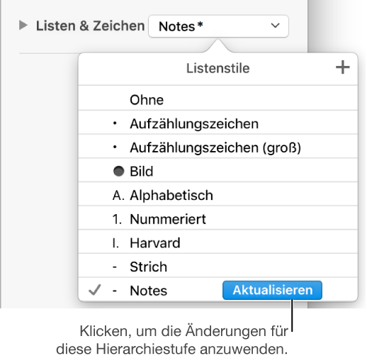 Das Menü „Listenstile“ mit einer Taste „Aktualisieren“ neben dem Namen des neuen Stils