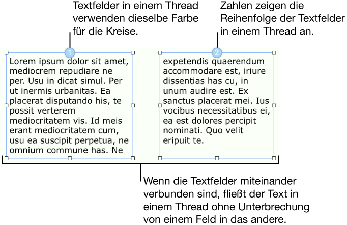 Zwei Textfelder mit jeweils einem blauen Kreis oben und den Ziffern 1 und 2 in den Kreisen