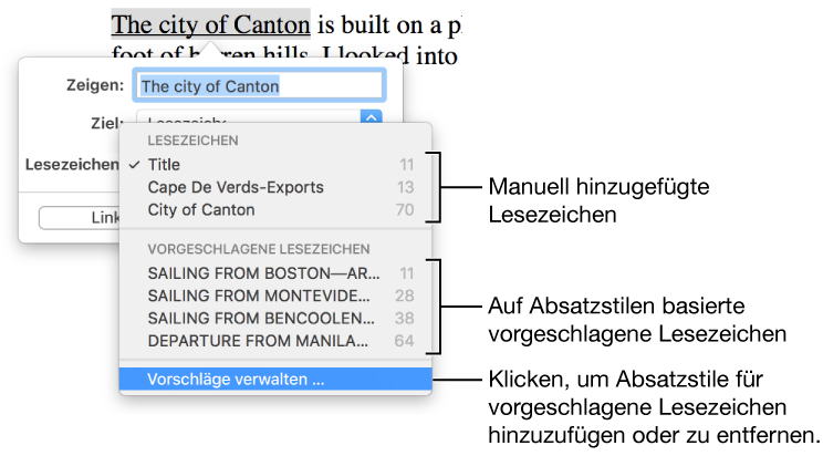 Die Lesezeichenliste mit den manuell hinzugefügten Lesezeichen oben und vorgeschlagenen Lesezeichen darunter. Die Option „Vorschläge verwalten“ befindet sich unten.