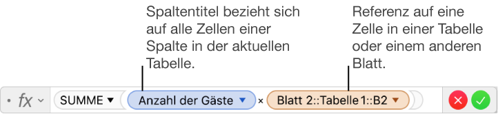 Der Formeleditor mit einer Formel, die sich auf eine Spalte in einer Tabelle und eine Zelle in einer anderen Tabelle bezieht