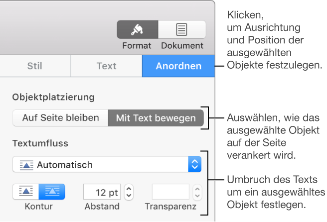 Der Bereich „Anordnen“ der Seitenleiste „Format“ mit Steuerelementen für die Objektplatzierung und den Textumbruch