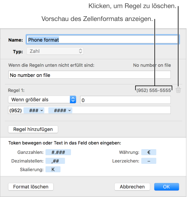 Das Fenster für ein eigenes Zellenformat mit Steuerelementen zum Auswählen eigener Zahlenformatierung