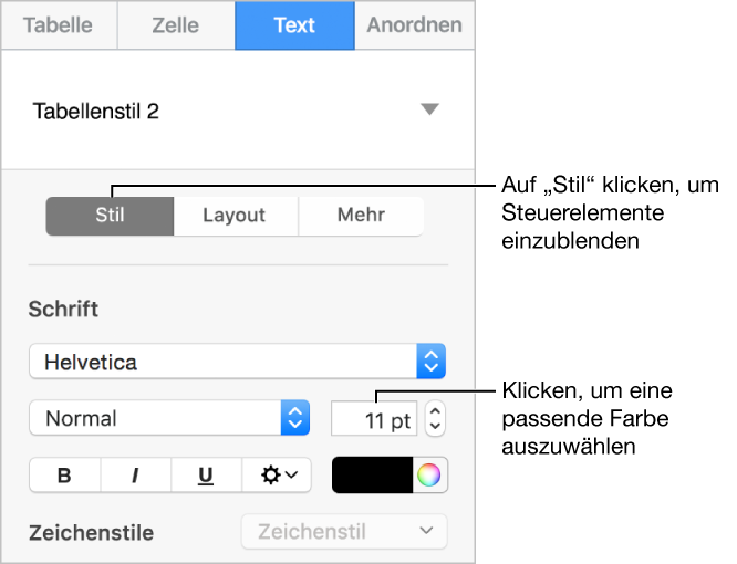 Die Steuerelemente zum Anpassen des Tabellentexts