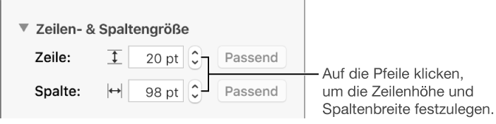 Die Steuerelemente zum Einstellen einer präzisen Zeilen- oder Spaltengröße