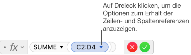 Der Formeleditor, der zeigt, wie die Zeile und Spalte einer Bereichsreferenz erhalten bleibt