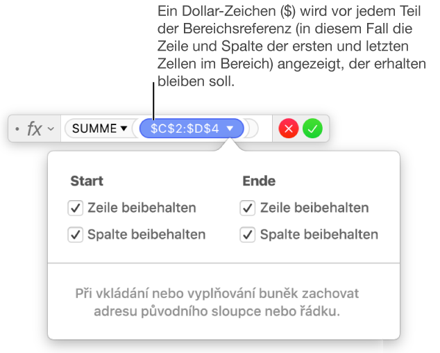 Der Formeleditor mit beibehaltenen Zeilen- und Spaltenreferenzen