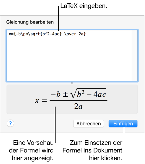 Die quadratische Formel, die mit LaTeX in das Feld „Gleichung“ geschrieben wurde, und einer Vorschau der Formel darunter.