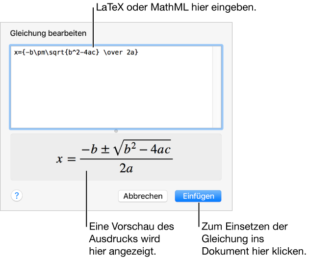 Im Dialogfenster „Gleichung bearbeiten“ wird die quadratische Formel angezeigt, die mit LaTeX in das Feld „Gleichung bearbeiten“ geschrieben wurde, darunter wird eine Vorschau der Formel angezeigt.