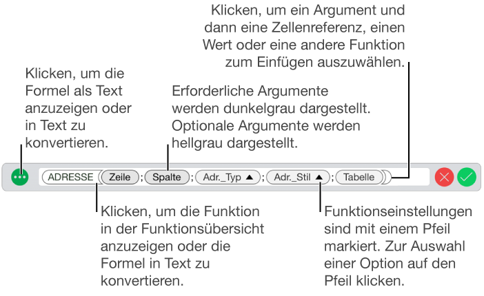 Der Formeleditor mit der Funktion ADRESSE und ihren Argument-Token