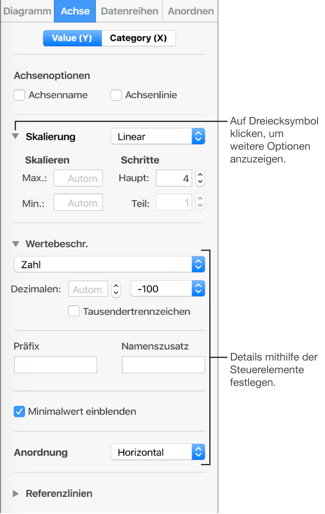 Steuerelemente zum Formatieren der Markierungen auf den Diagrammachsen
