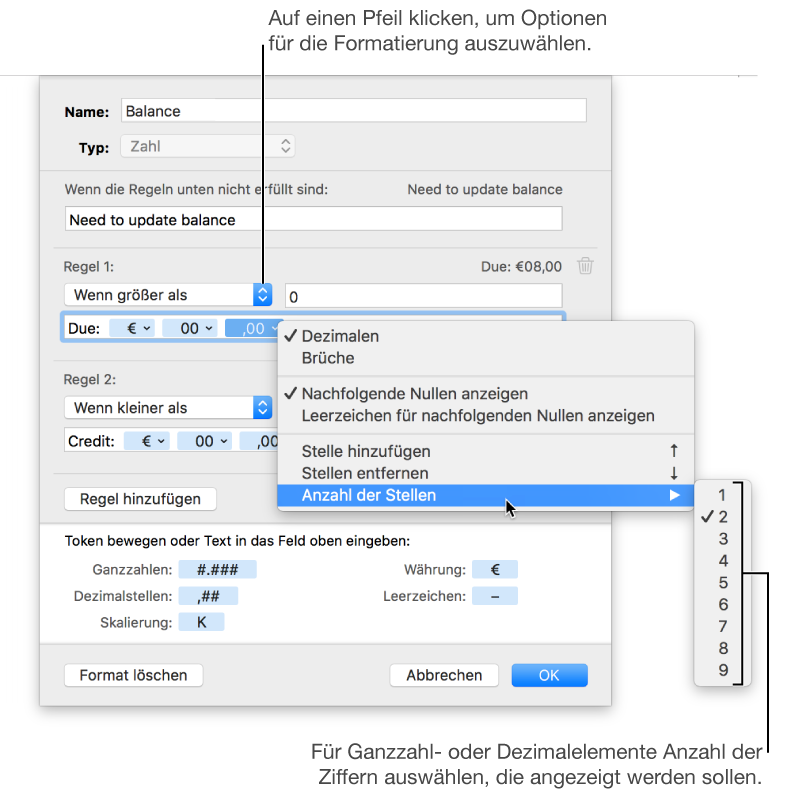 Das Fenster für ein eigenes Zellenformat mit Steuerelementen zum Auswählen eigener Formatierungsoptionen