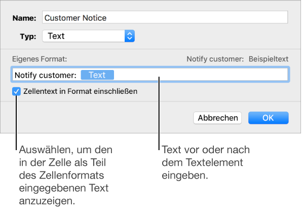 Das Fenster für ein eigenes Zellenformat mit Steuerelementen zum Auswählen eigener Textformatierung