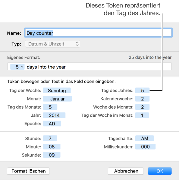 Das Fenster für ein eigenes Zellenformat mit Steuerelementen zum Auswählen eigener Datums- und Uhrzeitformatierung