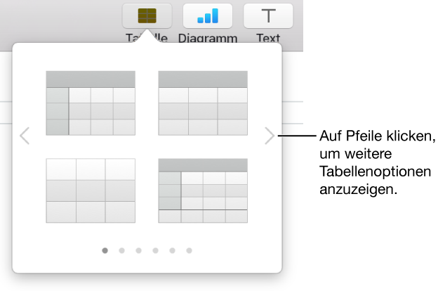 Das Menü zum Hinzufügen von Tabellen mit Navigationspfeilen