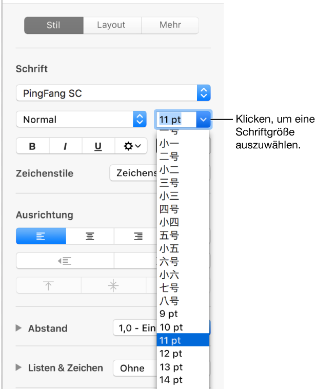 Der Abschnitt „Stil“ in der Seitenleiste „Format“ mit dem geöffneten Einblendmenü „Schriftgröße“. Die chinesischen Standardschriftgrößen werden oben im Menü angezeigt, die Punktgrößen befinden sich darunter.