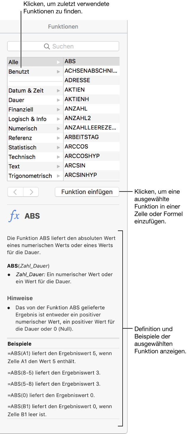 Die Funktionsübersicht mit Beschreibungen für die zuletzt verwendeten Funktionen, die Taste „Funktion einfügen“ und die Definition der Funktion