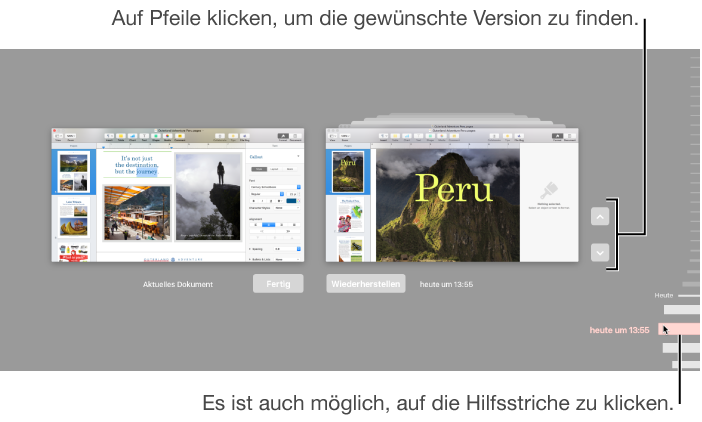Die Zeitachse mit den Versionen mit dem aktuellen Dokument auf der linken und einer älteren Version auf der rechten Seite