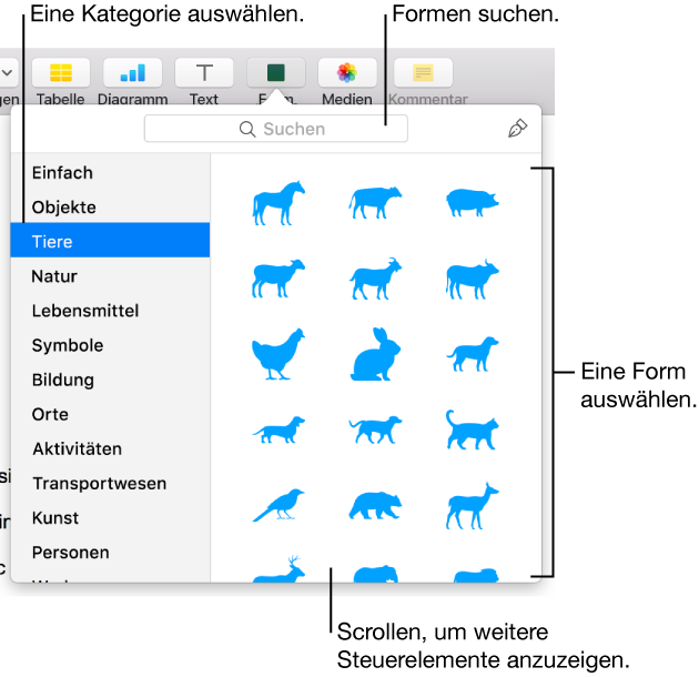 Die Formenmediathek mit Kategorien auf der linken Seite und rechts angezeigten Formen Sie können das oben angezeigte Suchfeld verwenden, um Formen zu finden. Durch Scrollen können Sie weitere Formen anzeigen.