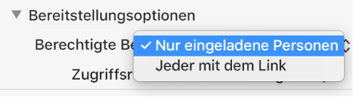 Der Bereich „Freigabeoptionen“ im Dialogfenster für die Zusammenarbeit mit dem geöffneten Einblendmenü „Berechtigte Benutzer“ und der ausgewählten Option „Nur eingeladene Personen“.