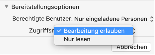 Der Bereich „Freigabeoptionen“ im Dialogfenster für die Zusammenarbeit mit dem geöffneten Einblendmenü „Zugriffsrechte“ und der ausgewählten Option „Bearbeitung erlauben“.