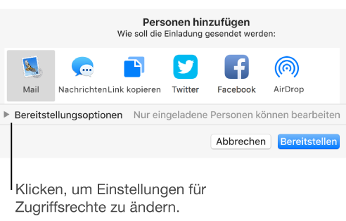Fenster mit den Einstellungen für Zusammenarbeit, in dem sich unten eine Taste „Teilen“ befindet