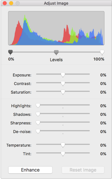 The Adjust Image window with sliders for setting exposure, contrast, saturation, highlights, shadows, sharpness, de-noise, temperature, and tint.