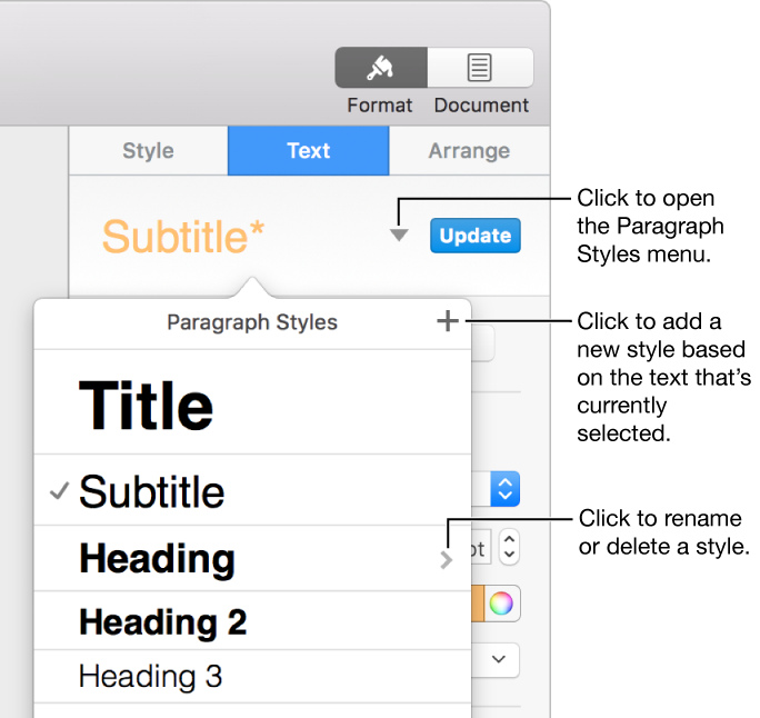 The Paragraph Styles pop-up menu, showing controls to add or change a style.