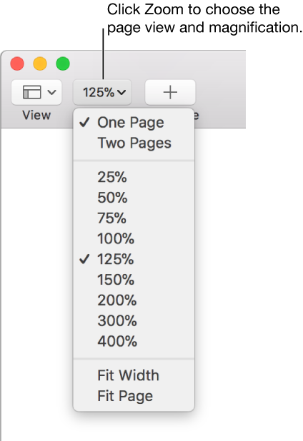 The Zoom pop-up menu with options to view one page and two pages at the top, percentages ranging from 25% through 400% below, and Fit Width and Fit Page at the bottom.