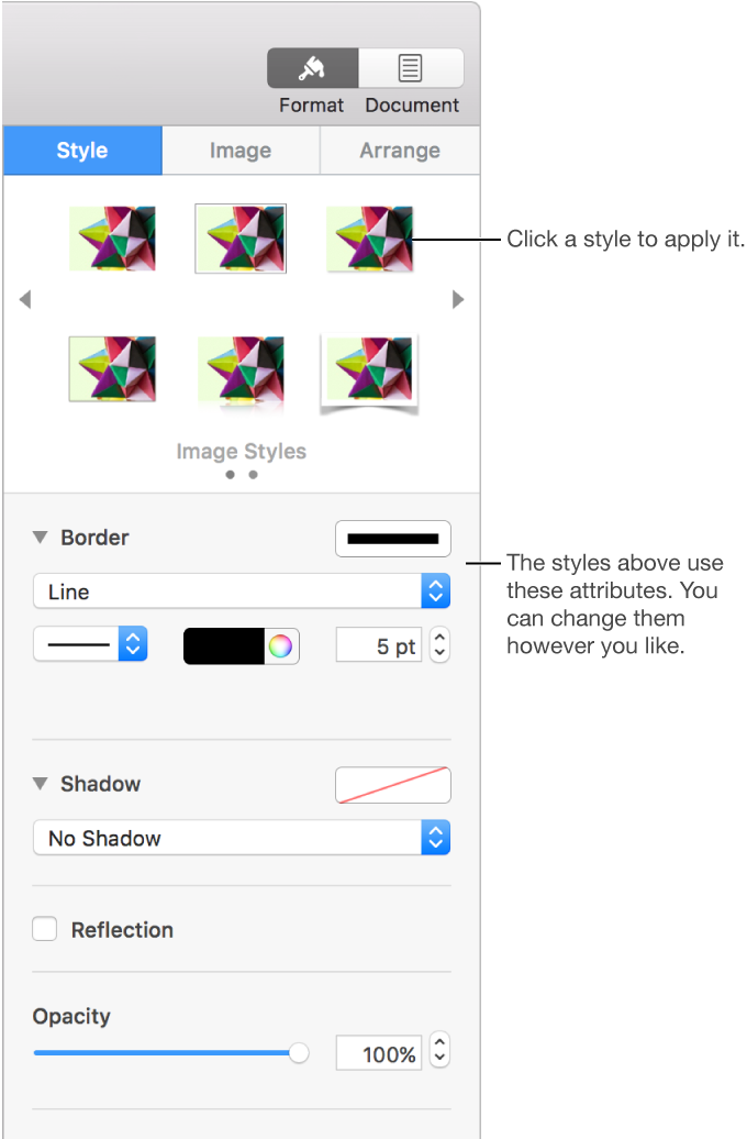 The Style tab of the Format sidebar showing object style options.