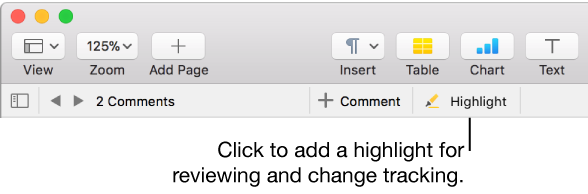 The menu bar showing the Insert menu and below it, the Pages toolbar with review tools showing and a callout to the Highlight button.