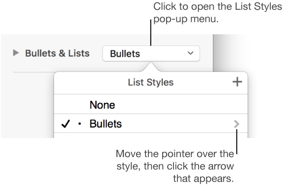 The List Styles pop-up menu with one style selected and an arrow to its far right.