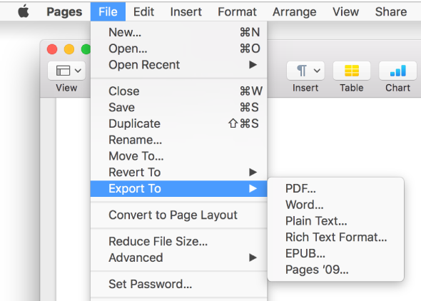 The File menu open with Export To selected, with its submenu showing export options for PDF, Word, Plain Text, Rich Text Format, EPUB, and Pages '09.
