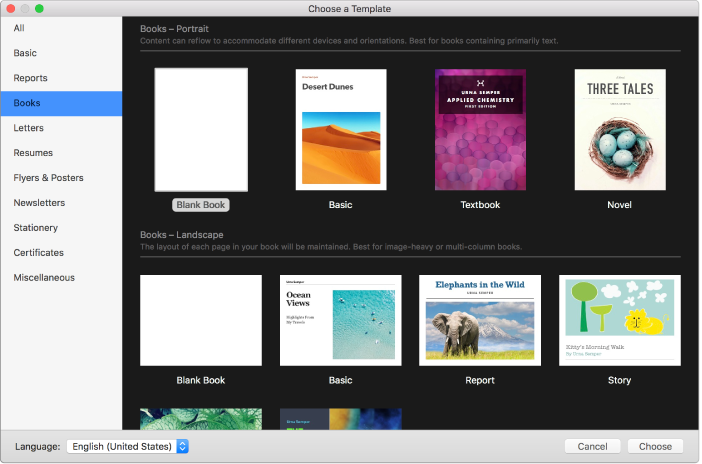 The template chooser with Books selected in the category list on the left, and book templates in portrait and landscape orientation on the right.