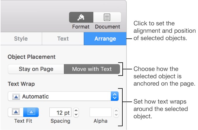 The Arrange pane of the Format sidebar with controls for object placement and text wrap.