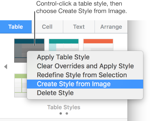 The table style shortcut menu.