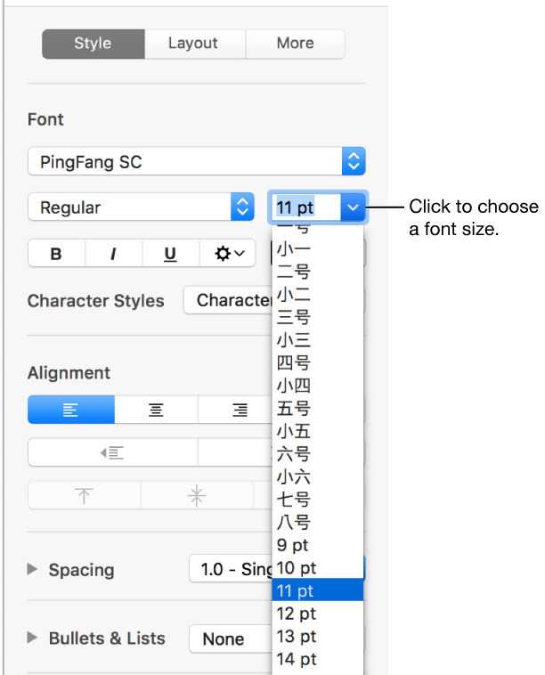 The Style section of the Format sidebar with the font size menu open. Chinese government standard font sizes appear at the top of the menu with point sizes below.