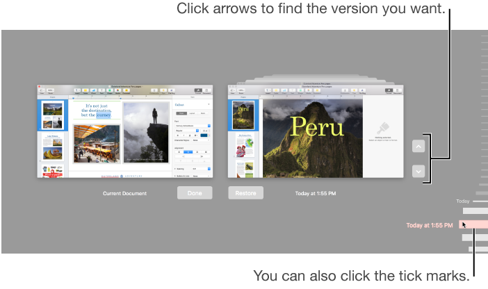 The versions timeline showing the current document on the left and a recent version on the right.