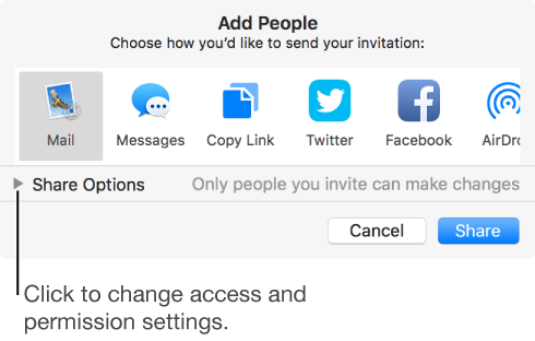 The collaboration settings window with a Share button at the bottom.