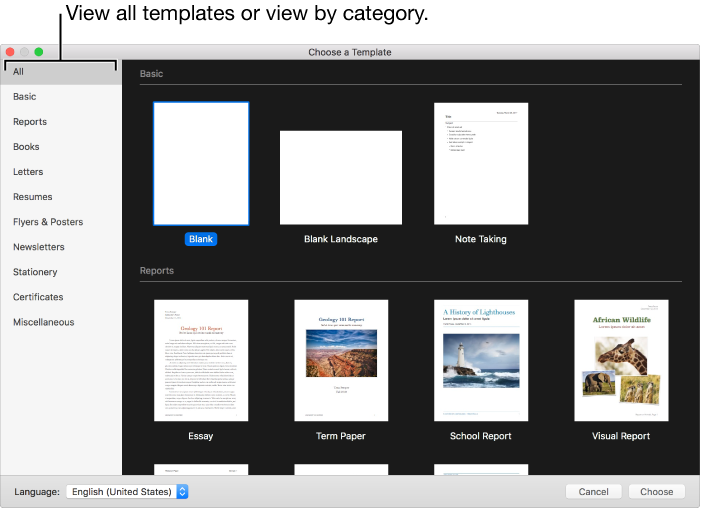 The template chooser. On the right are thumbnails of predesigned templates you can use to begin creating documents. A sidebar on the left lists template categories you can click to filter options.