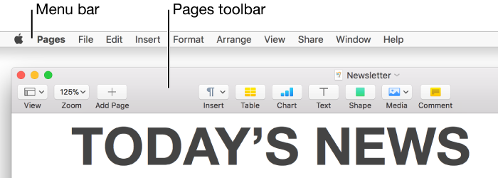 The menu bar at the top of the screen with Apple, File, Edit, Insert, Format, Arrange, View, Share, Window, and Help menus. Below it is an open Pages document with toolbar buttons across the top for View, Zoom, Add Page, Insert, Table, Chart, Text, Shape, Media, and Comment.