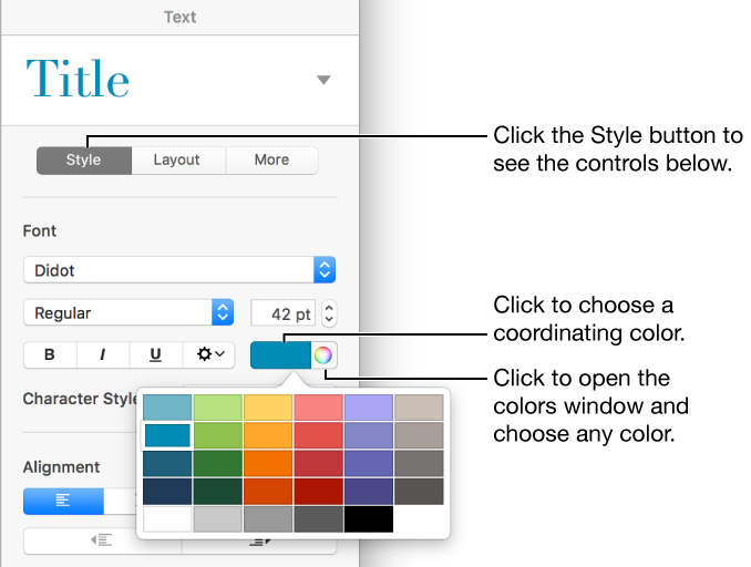 Controls for choosing predesigned colors or any color.