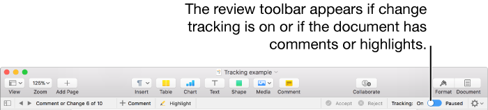 The Pages toolbar with change tracking turned on and the review toolbar below the Pages toolbar.
