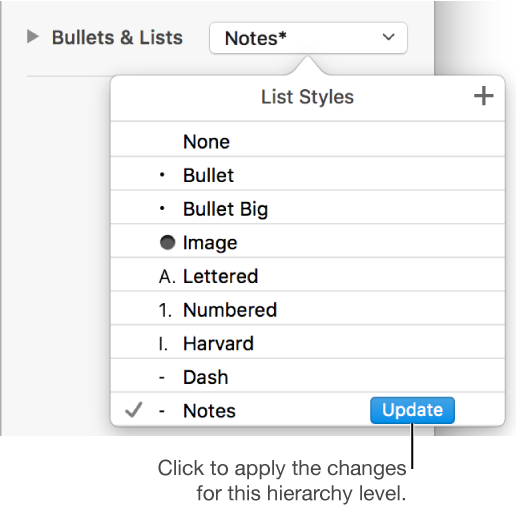 The List Styles menu with an Update button next to the name of the new style.