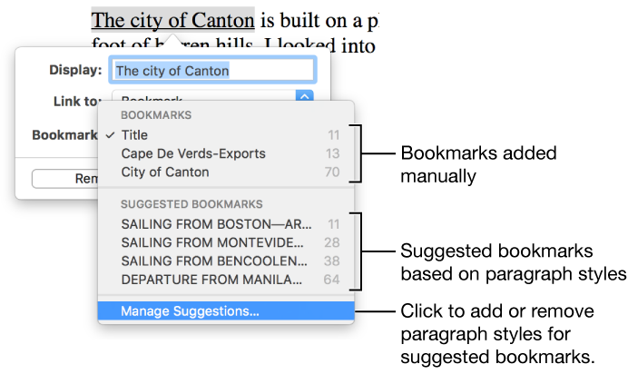 The bookmark list with manually added bookmarks at the top and suggested bookmarks below. The Manage Suggestions option is at the bottom.