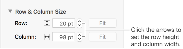 The controls for setting a precise row or column size.
