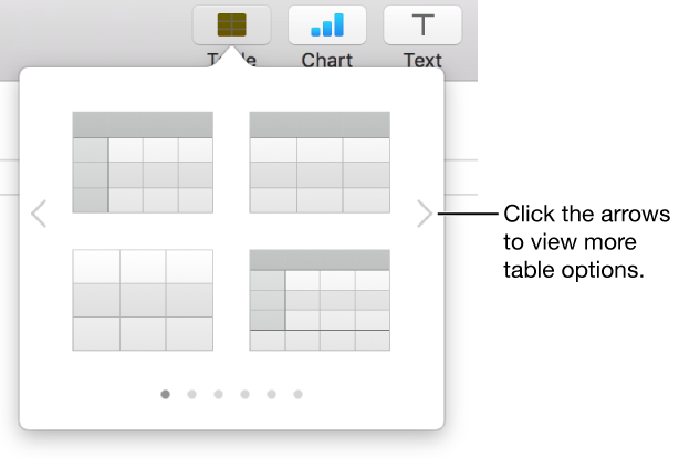 The Add Table menu with navigation arrows.