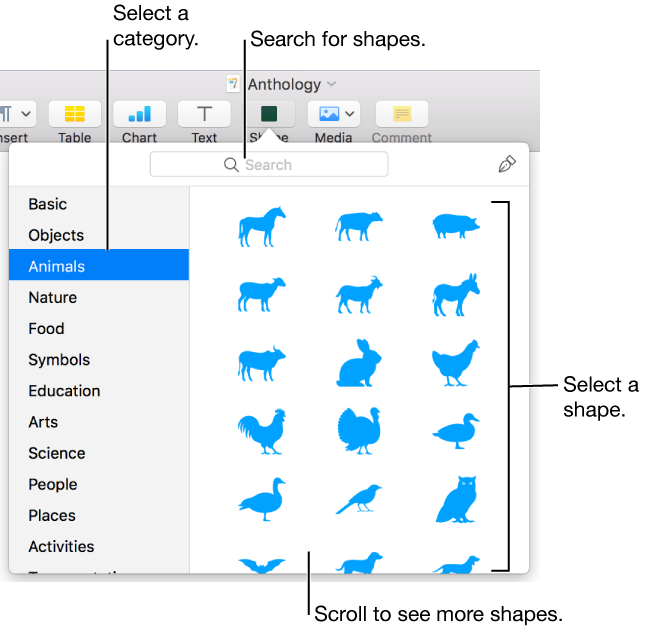 The shapes library, with categories listed on the left and shapes displayed on the right. You can use the search field at the top to find shapes and scroll to see more.