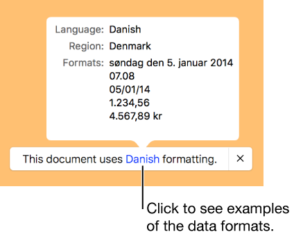 The notification of the different language and region setting, showing examples of the formatting in that language and region.